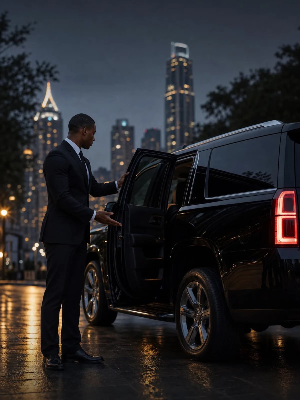 Chauffeur opening the rear door of a black SUV